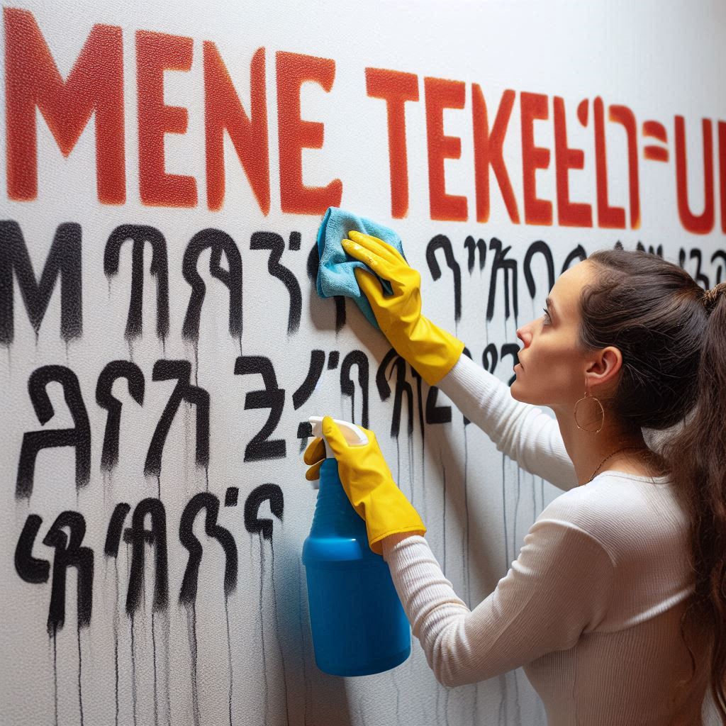 A young woman is cleaning writing off a wall.