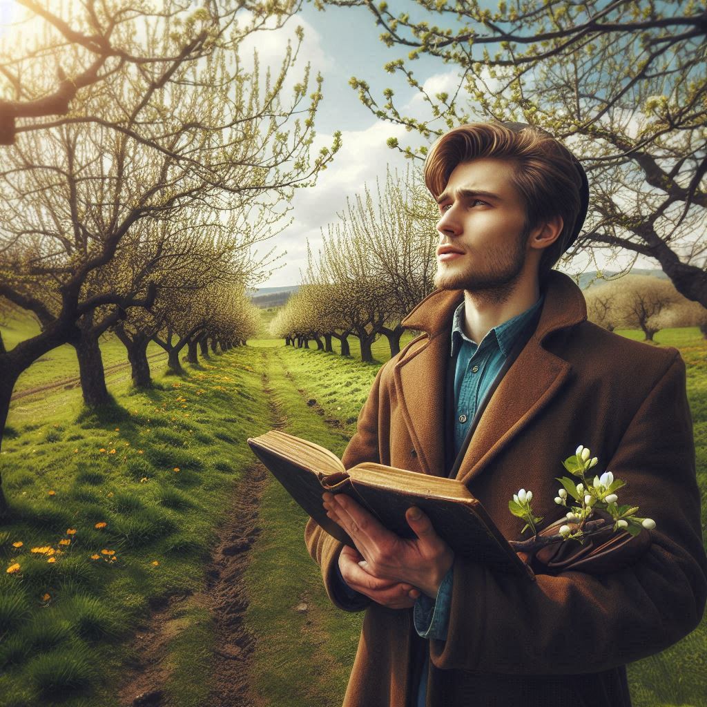 A handsome young man in an overcoat looking at a landscape of budding trees.