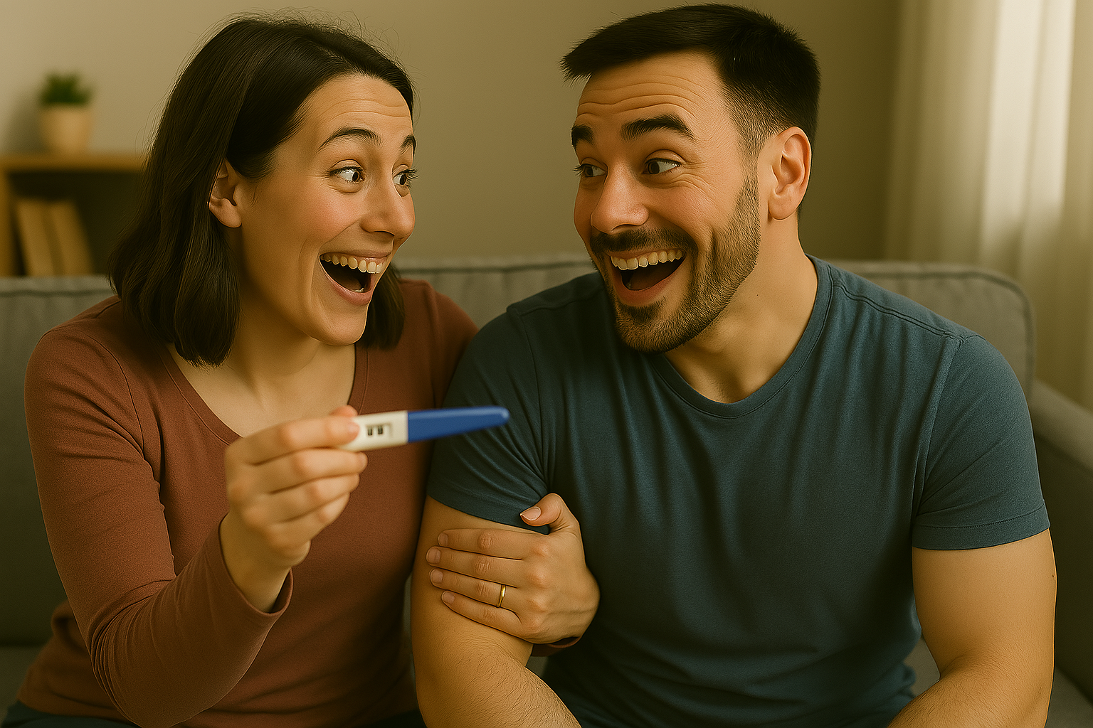 A wife and husband sharing their delight just after learning that the wife is pregnant.