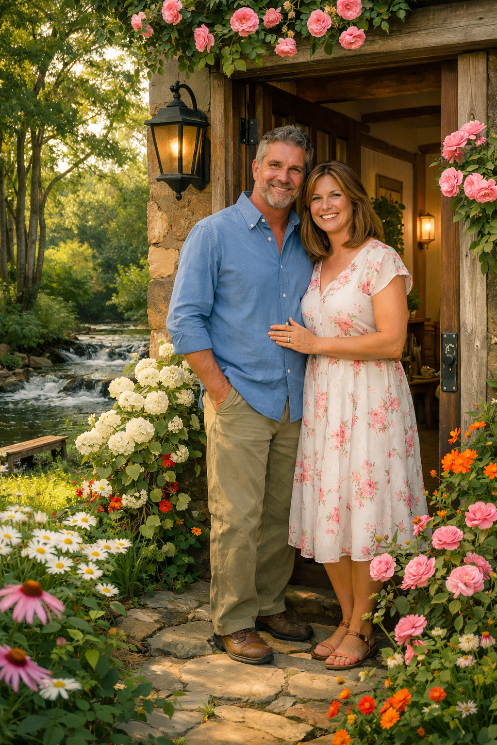 A couple married 18 years stand at the door of their country house by a stresm surrounded by flowers and trees.