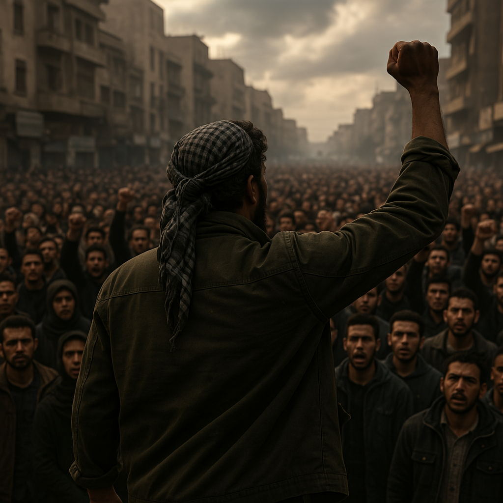 A rebel leader speaks to a large crowd with fist raised.