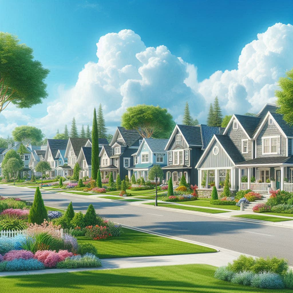 A suburban street with lawns, flowers, lined with single-family homes.