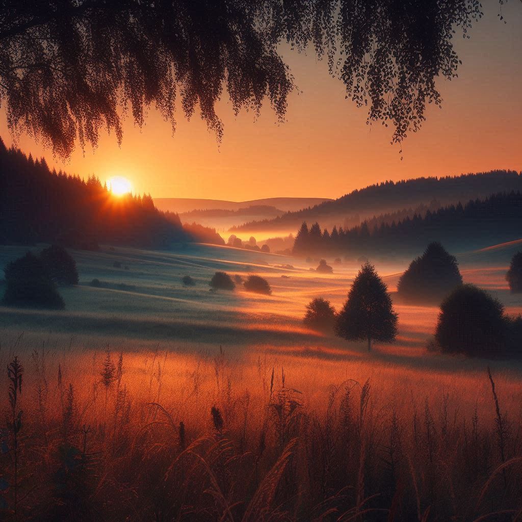 Dawn over a grassy landscape.