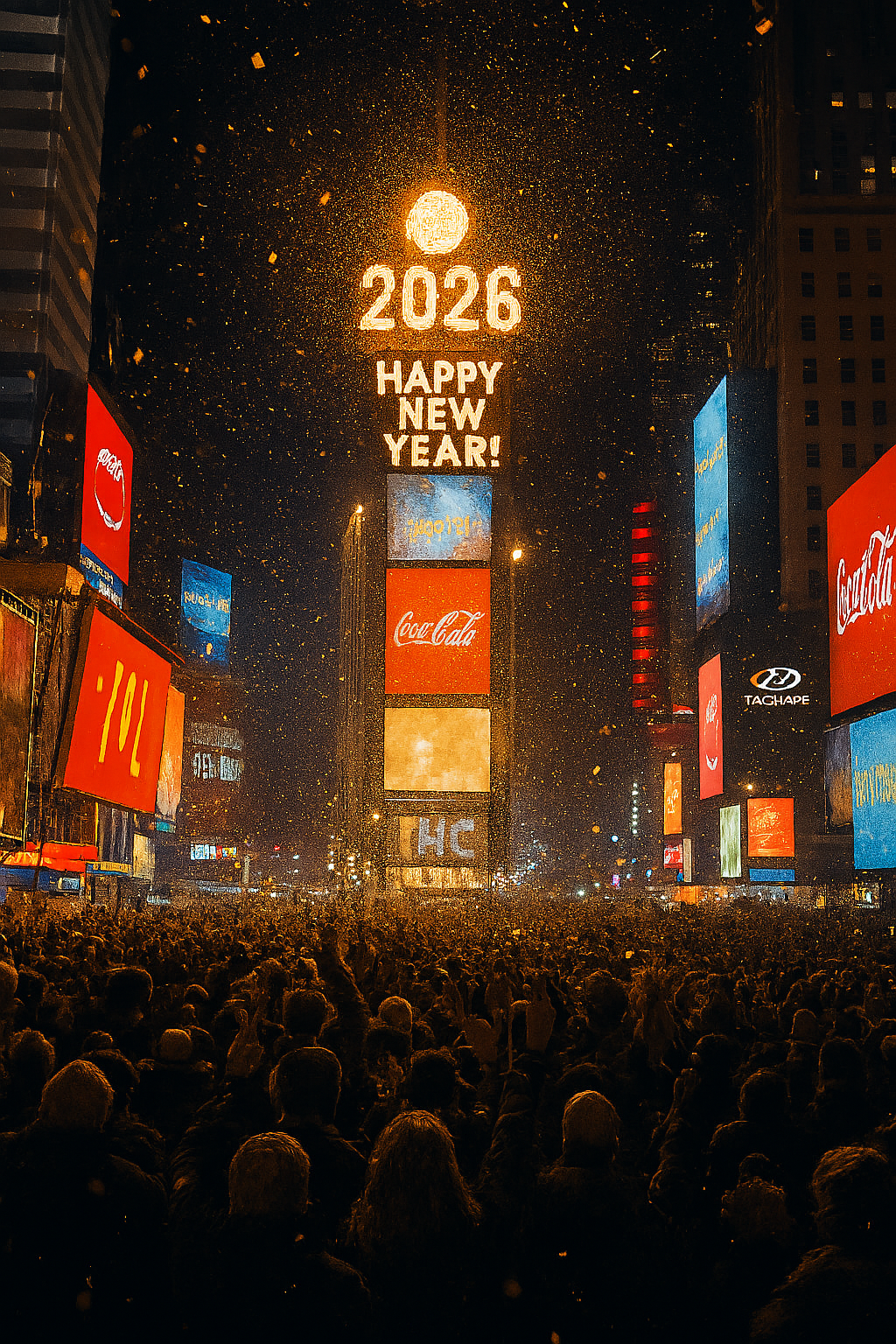 The scene on Times Square in New York City at midnight on New Year's Eve.