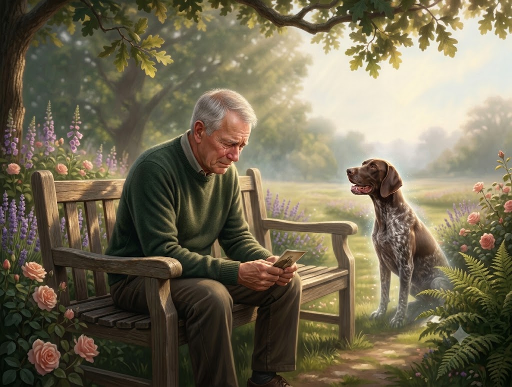 A grieving elderly man sits on a bench in a garden while the memory of his German Pointer standing next to him recites the poem.