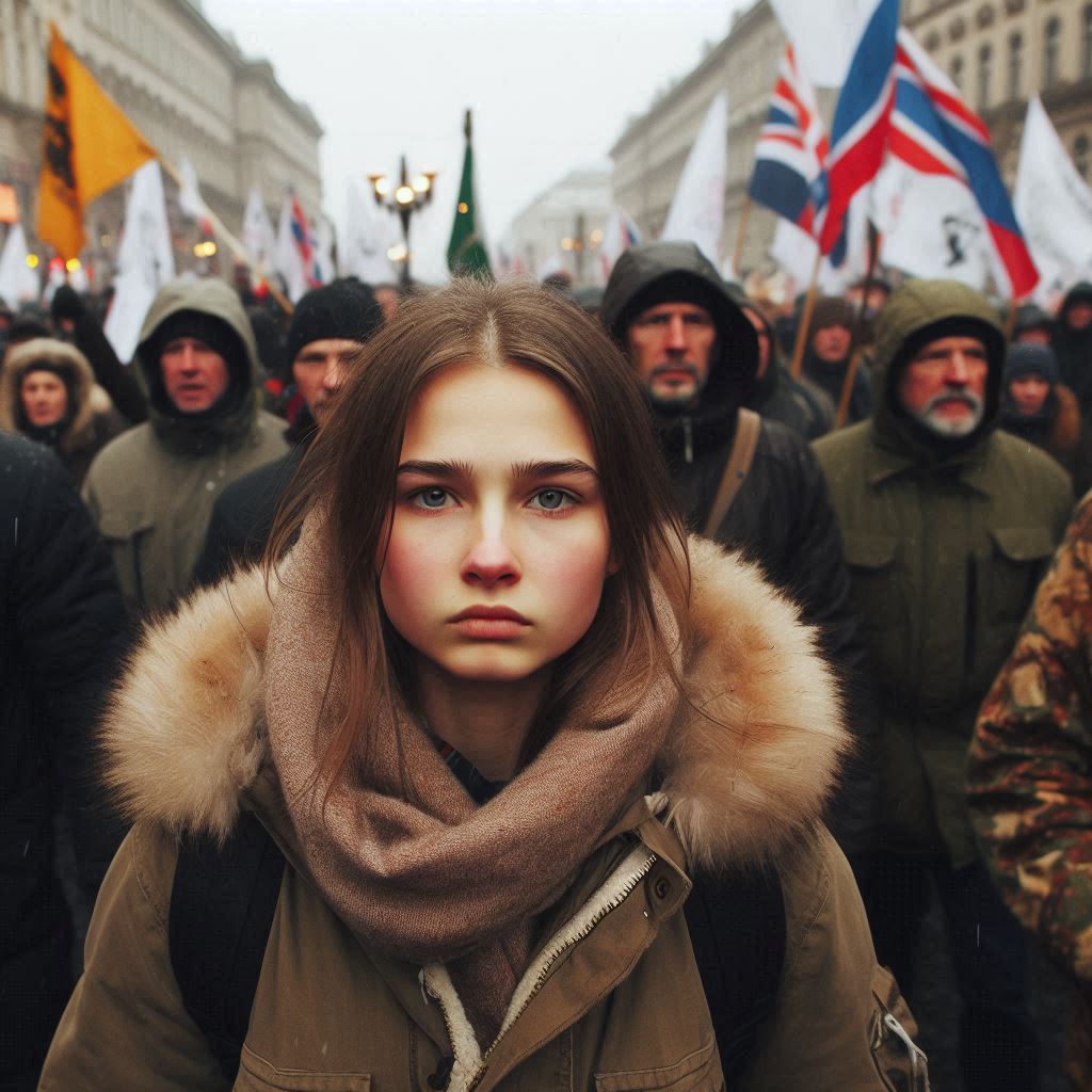 A young woman marches at the head of a demonstration down an urban street.
