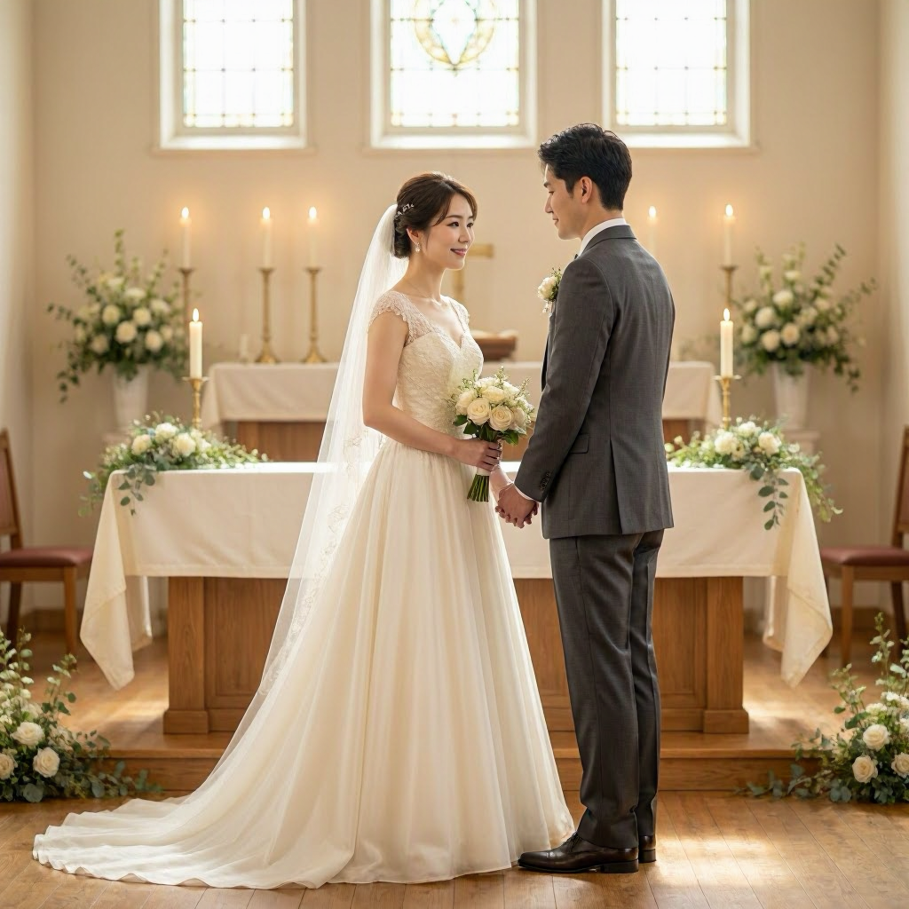 A couple getting married at the altar.