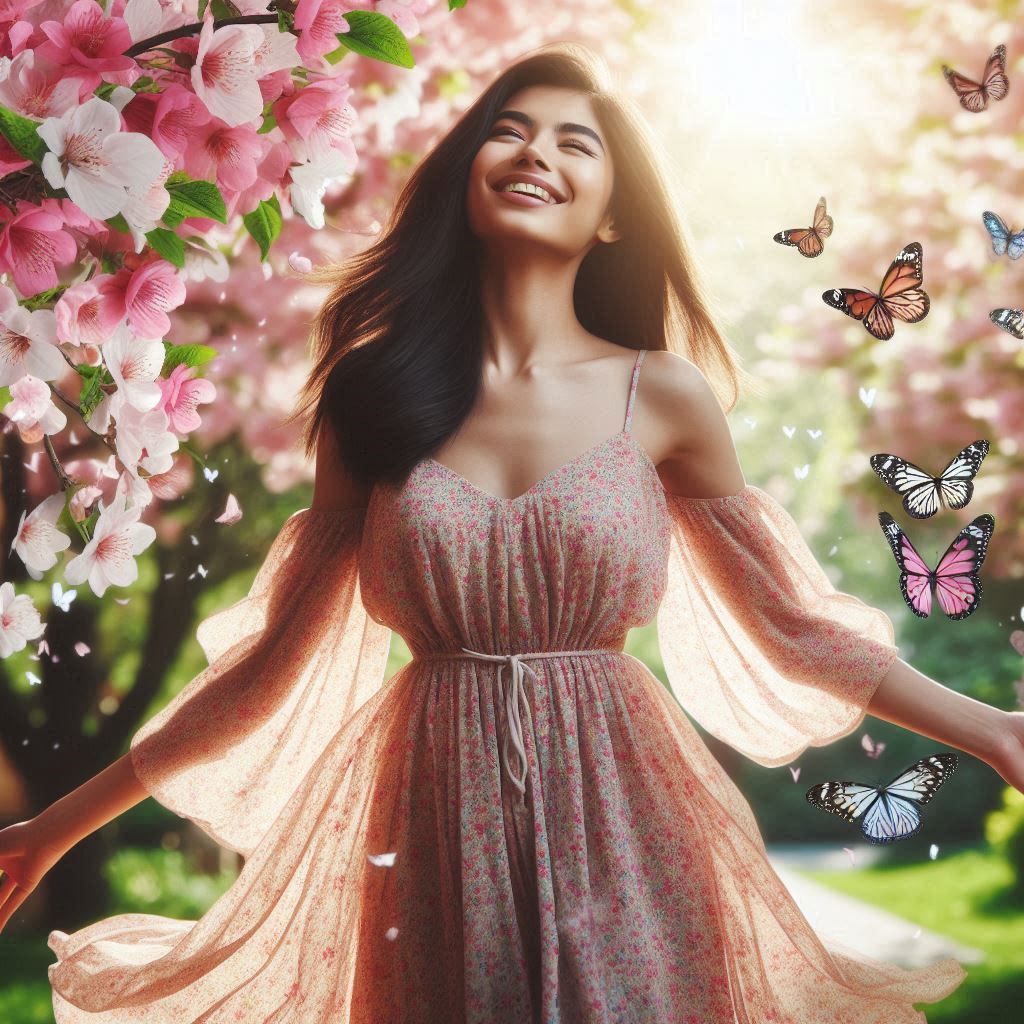 A young woman surrounded by blossming trees.