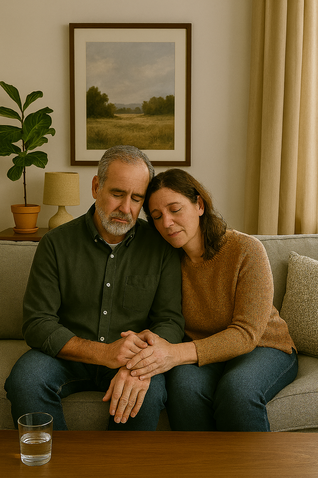 A couple sitting on a couch holding hands grieve the recent death of their child.