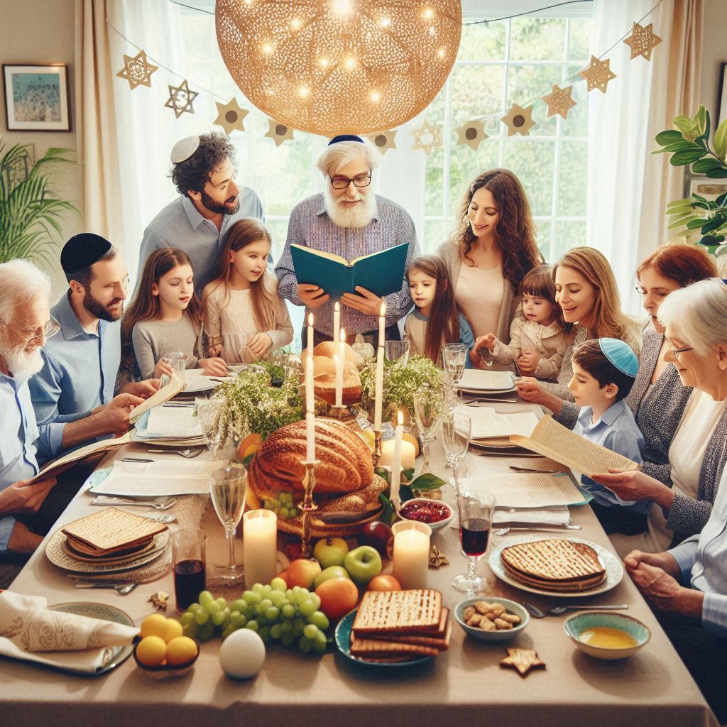 Several generations of a Jewish family reading from the Haggudah at the start of the seder.
