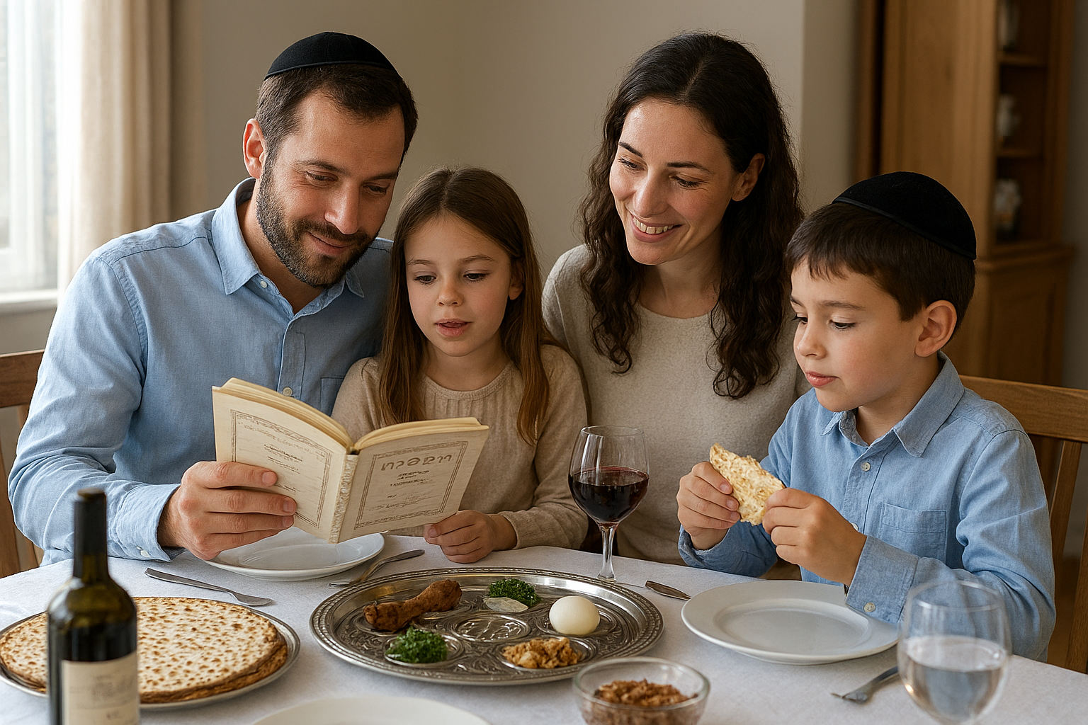 Parents with their two children, a boy and a girl, sitting at the Seder table reading the Haggudah.