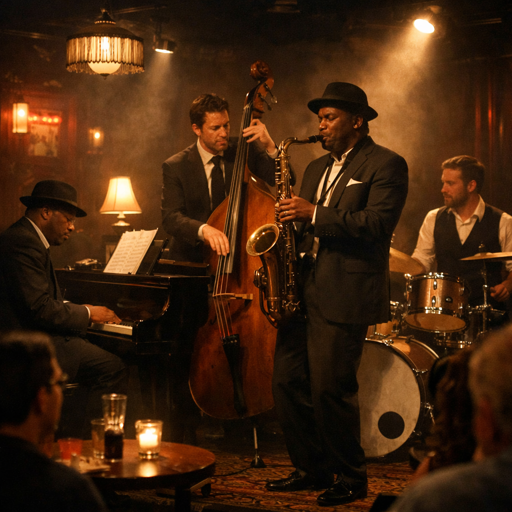 A jazz quartet (piano, double bass, saxophone, and drums) plays at a late-night club.