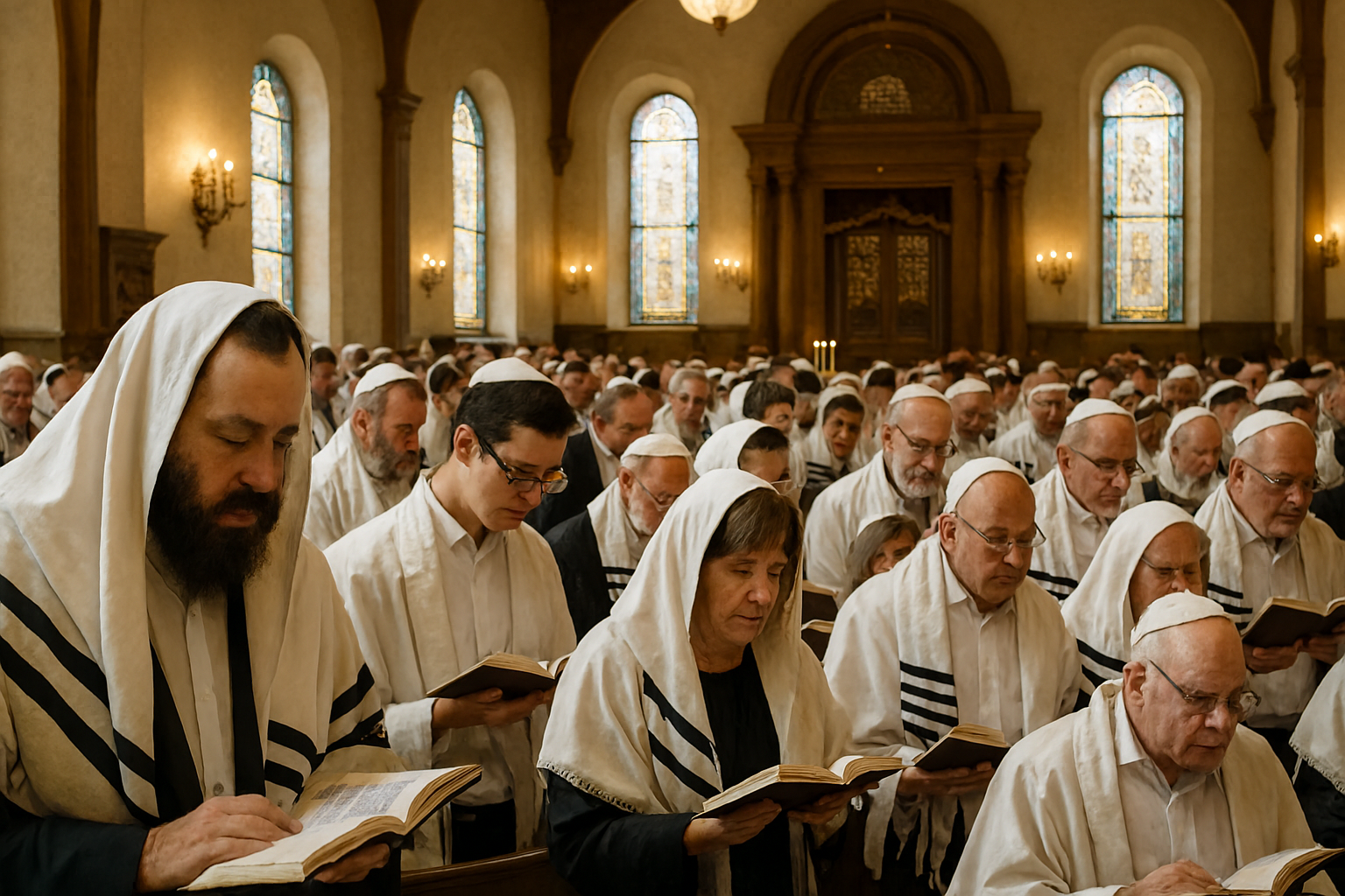 A large congregation praying in a synagogue on Rosh Hashanah.