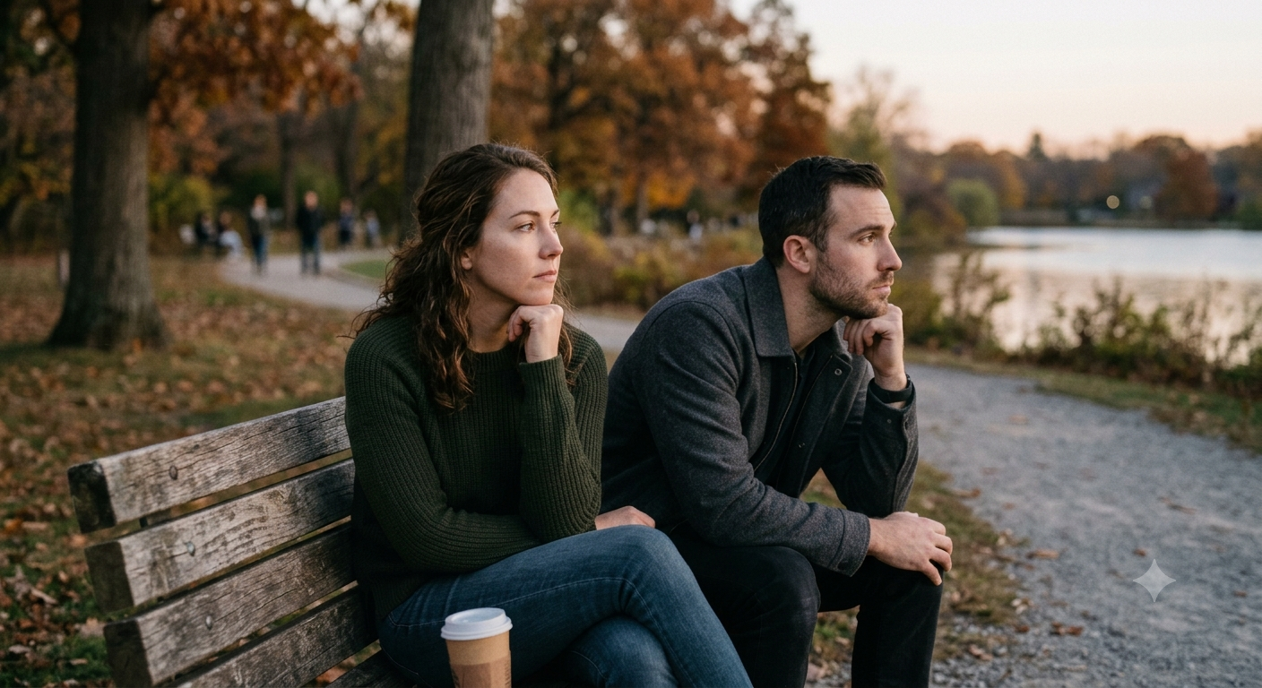A couple sits together on a park bench lost in their separate thoughts.