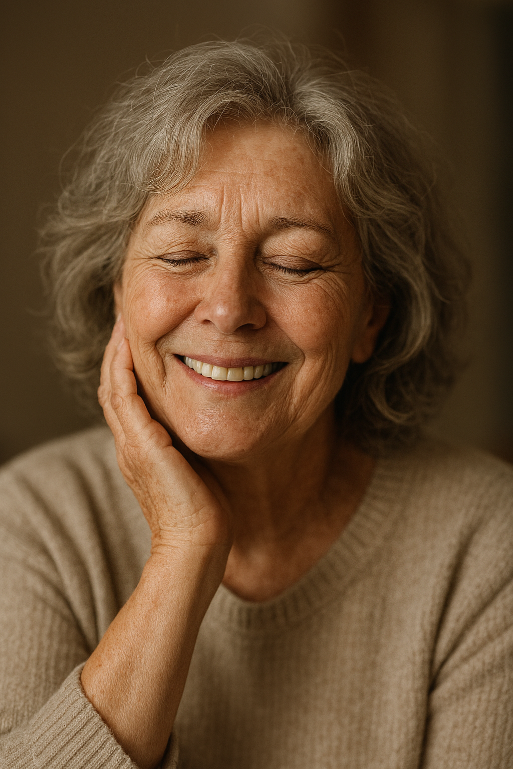 A sixty-four-year-old woman smiling with her eyes closed.