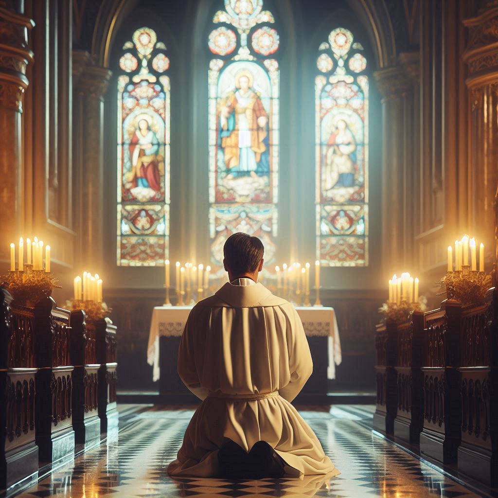 A priest, with his back to us, kneels praying before a church altar.