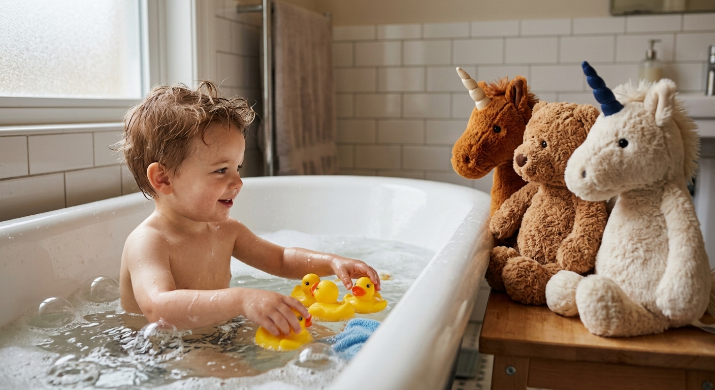 A little boy is in the bathtub with rubber duckies. A teddy bear and two unicorns are on a table watching him play in the bathtub. 