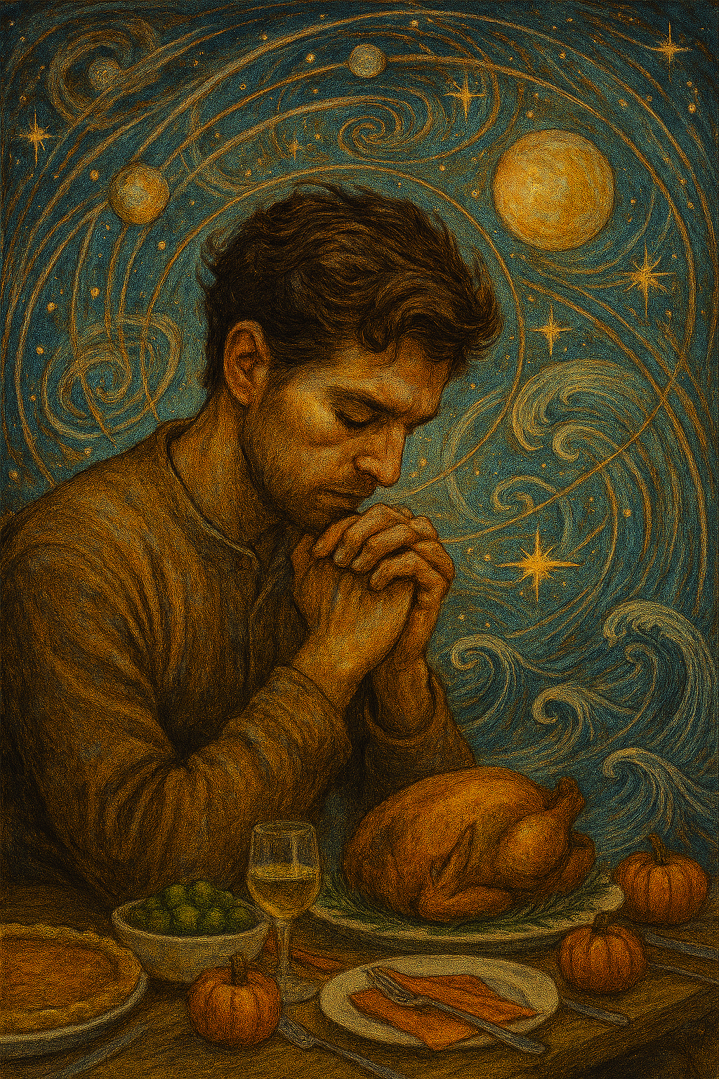 A man prays at a table set for Thanksgiving. In the background are stars, planets, waves, whirling clouds.