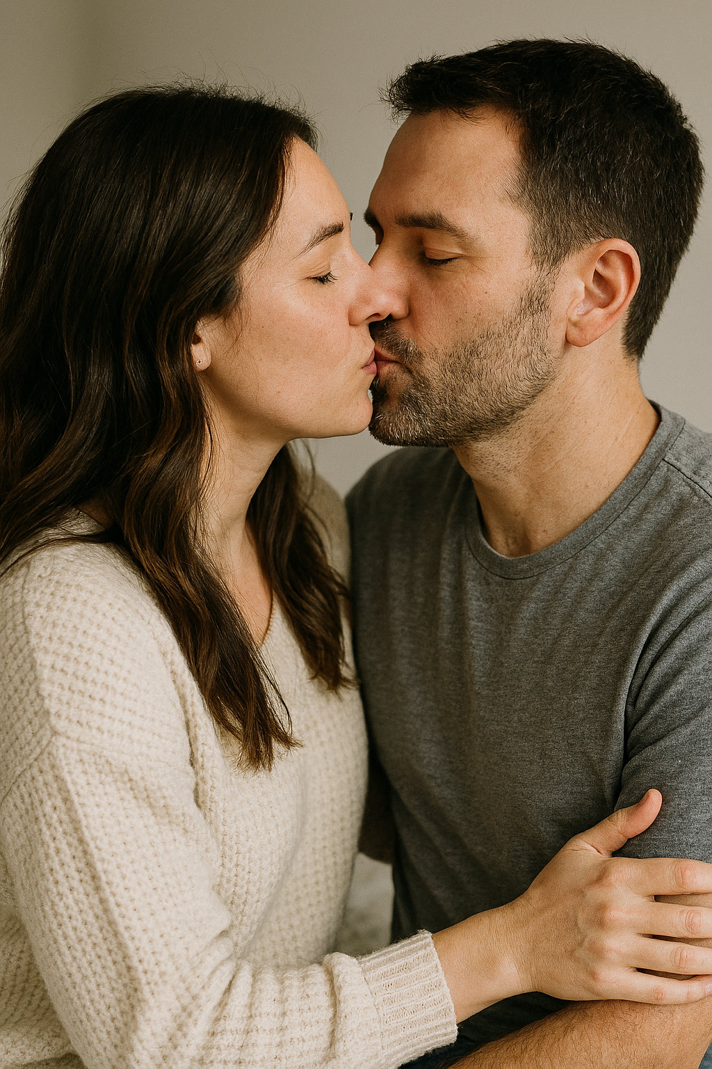 A couple gently kissing.