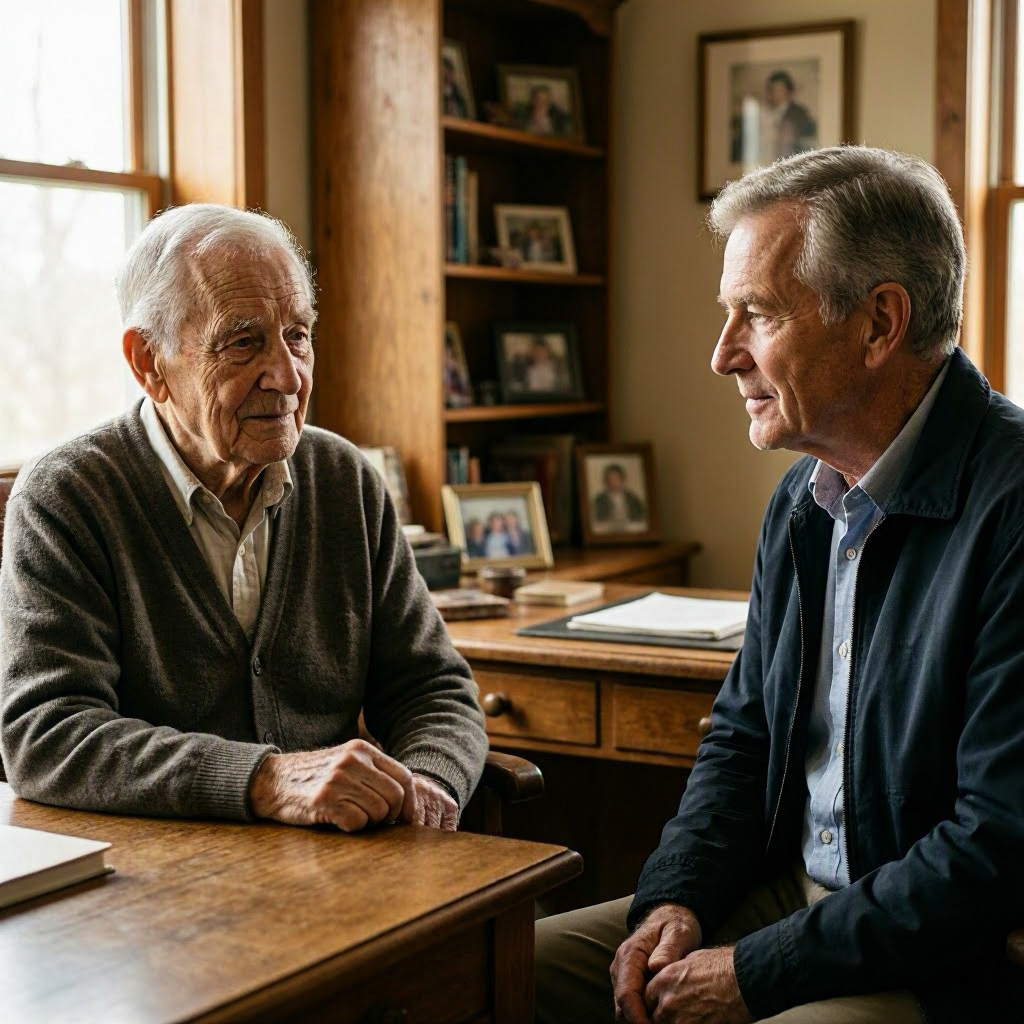 An elderly father talking to his late-middle-aged son