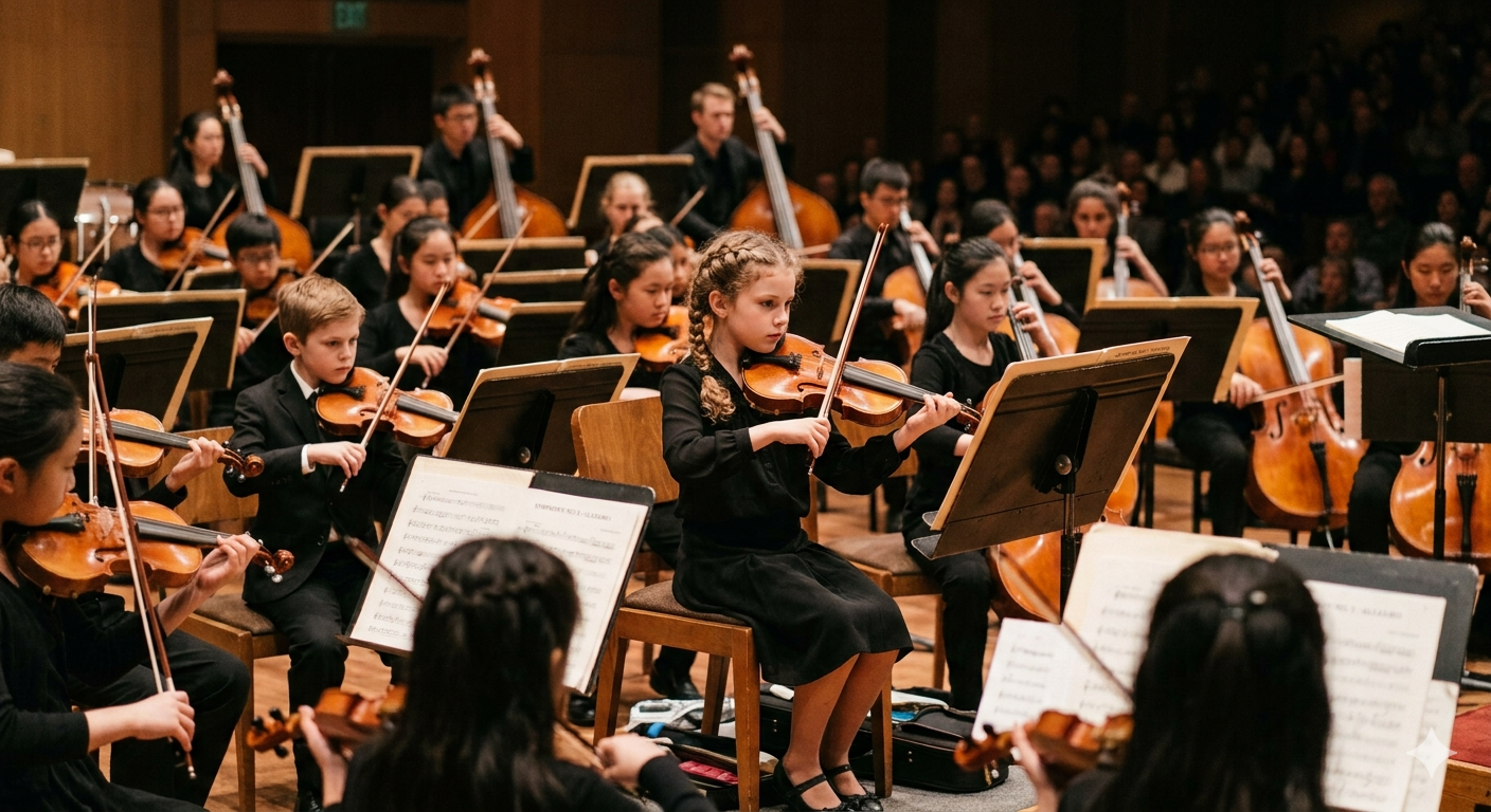 The string section of a youth orchestra.