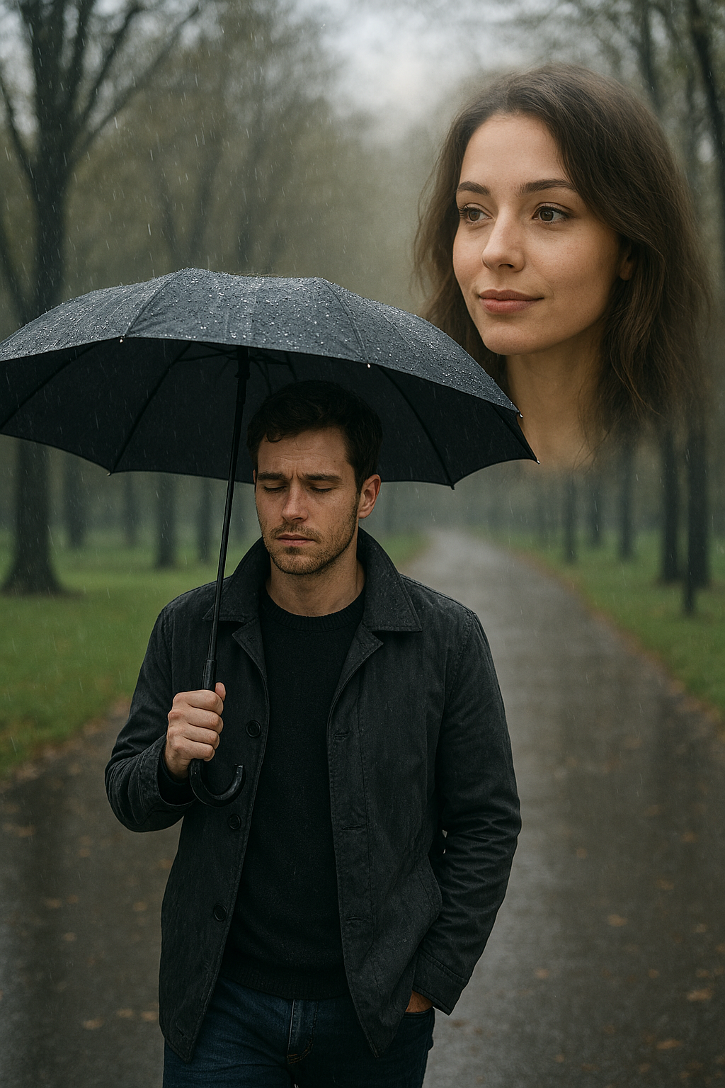 A young man walking in the rain imagines his loved one's face.